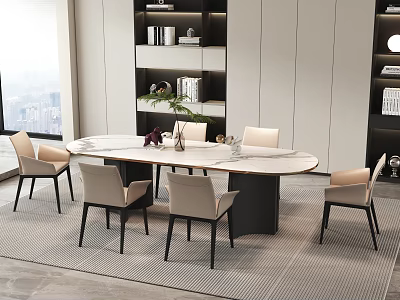 Elegant Modern Oval Dining Table Set with Six Beige Chairs and Bookshelves City View 3d model