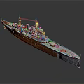 Warship 3D Model With Red and Gray Hull Deck and Turrets Design