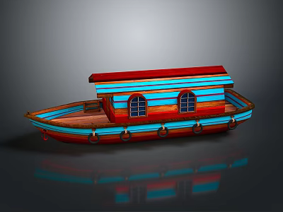Colorful Small Wooden Water Transport Boat With Red Blue Cabin And Windows 3d model
