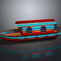 Colorful Small Wooden Water Transport Boat With Red Blue Cabin And Windows