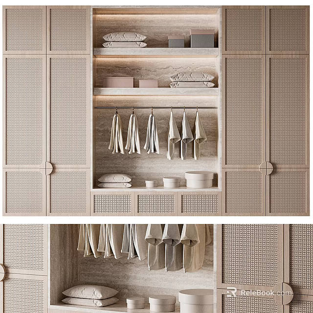 Modern Minimalist Wardrobe With Rattan Doors Hanging Space And Storage Shelves 3d model 