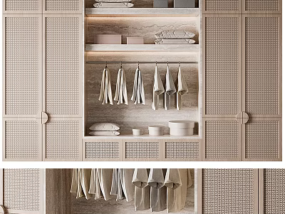 Modern Minimalist Wardrobe With Rattan Doors Hanging Space And Storage Shelves 3d model