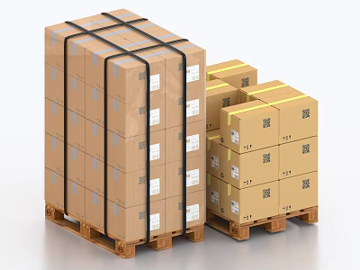 Industrial Equipment Packed in Strapped Cardboard Boxes Stacked on Wooden Pallets with Labels 3d model