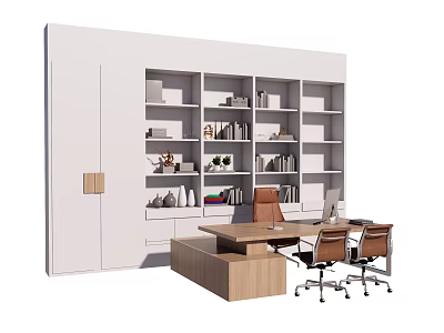 Modern Office Workspace Desk And Chair Set With White Bookshelf And Plants 3d model