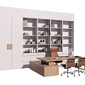 Modern Office Workspace Desk And Chair Set With White Bookshelf And Plants