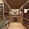 Wooden Wine Cellar With Wine Racks Black Marble Counter And Pendant Lights