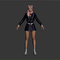 3D Character Model With Pink Hair Navy School Blazer Pleated Skirt White Socks And Shoes