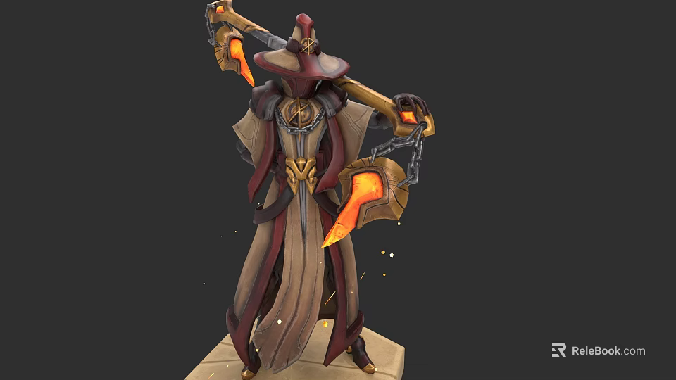 Mystical Wizard Game Character With Robe Hat Glowing Flame Weapons And Chains 3d model