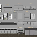 Modern White Kitchen Equipment Featuring Ovens Shelves Cabinets Stoves And Range Hoods