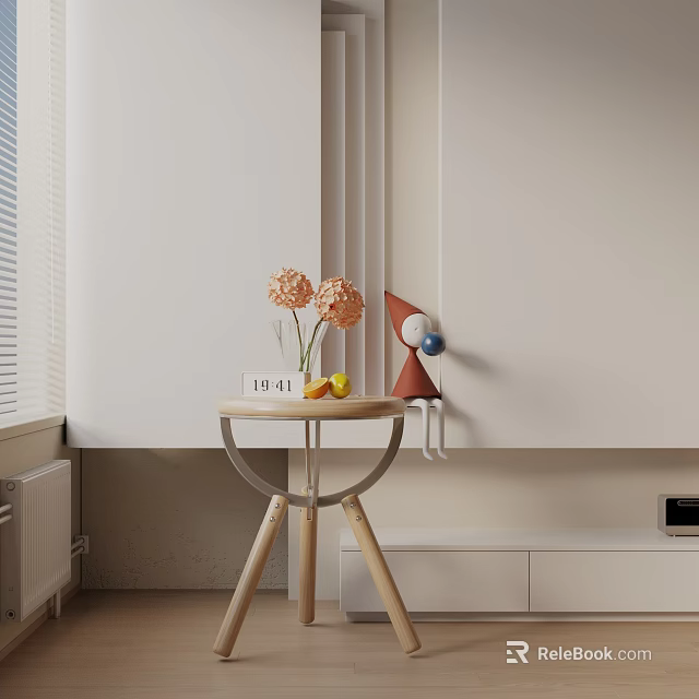 Modern Round Side Table With Wooden Legs Metal Base Orange Flowers Red Lamp And Clock 3d model 