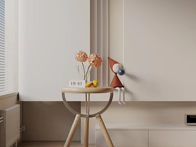 Modern Round Side Table With Wooden Legs Metal Base Orange Flowers Red Lamp And Clock 3d model