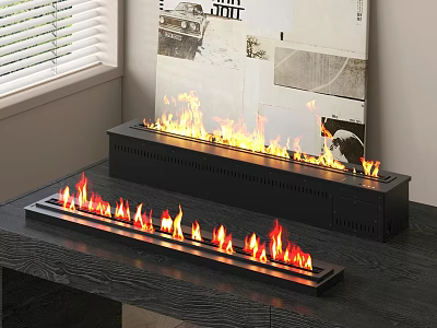 Modern Black Long Double Fireplace with Realistic Flames and Window Decor 3d model