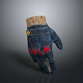 Dark Blue Glove with Red Moon and Star Patterns Beige Knitted Cuff and Yellow Button