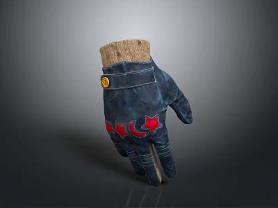 Dark Blue Glove with Red Moon and Star Patterns Beige Knitted Cuff and Yellow Button 3d model