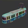 Old Blue And White Rusty Tram With Roof Pantograph On Dark Surface