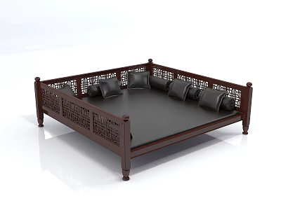 Unusual Shaped Sofa With Dark Wooden Frame Carved Patterns And Black Cushions 3d model