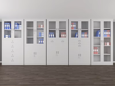 White Modern Bookcase With Glass Doors And Cabinets Holding Blue Red Files 3d model