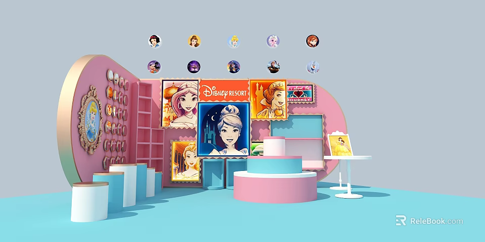 Disney Princess Themed Display Area With Colorful Posters Decorations And Shelves 3d model 