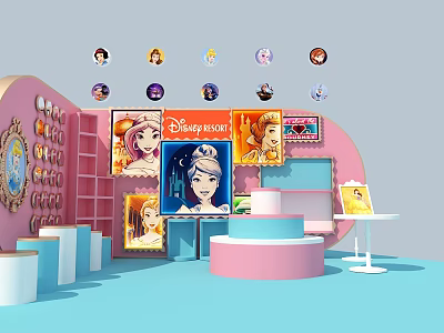 Disney Princess Themed Display Area With Colorful Posters Decorations And Shelves 3d model