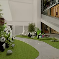 Cute Panda Figures On Green Lawn With Stones Plants And Staircase In Mall