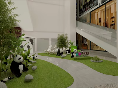 Cute Panda Figures On Green Lawn With Stones Plants And Staircase In Mall 3d model