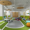 Kindergarten Bright Indoor Play Area With Colorful Toys Slide Climbing Equipment And Green Lawn