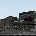 Modern Commercial Street with Modern Architecture Glass Facades Retail Shops and Pedestrians Cars