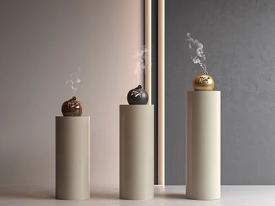Modern Minimalist Decorative Ornament Set with Brown Black and Gold on Cylindrical Pedestals 3d model