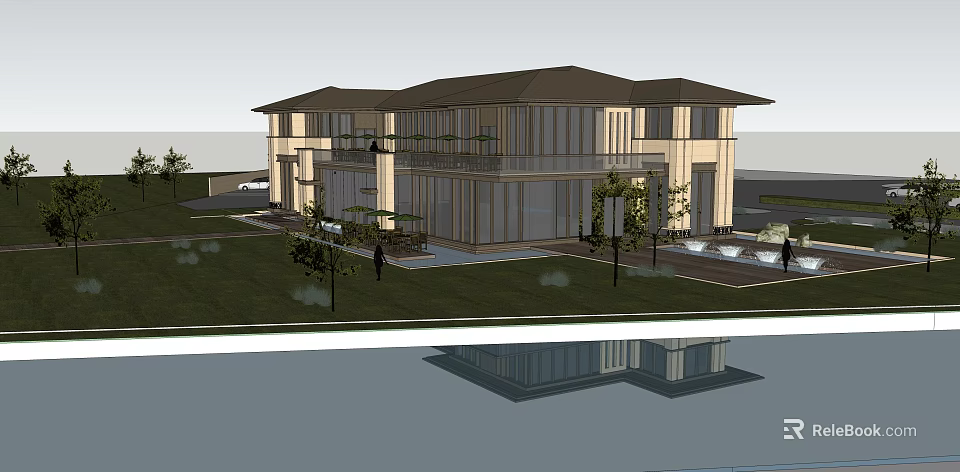 Modern Villa Exterior Design With Brown Roof Beige Walls Large Windows Green Lawn And Trees 3d model 