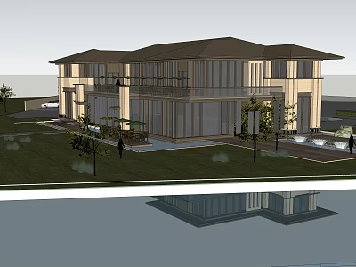 Modern Villa Exterior Design With Brown Roof Beige Walls Large Windows Green Lawn And Trees 3d model