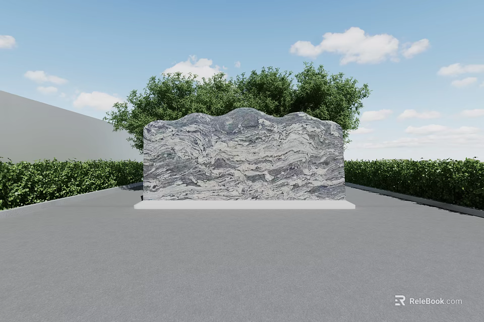 Natural Stone Texture Feature Wall With Green Trees Blue Sky And White Clouds 3d model 