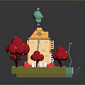 Colorful 3D House Model Scene With Yellow Building Red Trees And Green Bubbles