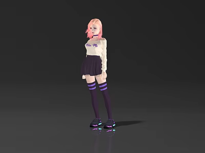 Game and Movie Character With Pink Hair White Top Black Pleated Skirt Purple Striped Socks 3d model
