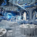 Luxurious Banquet Hall Interior With Spiral Crystal Chandelier Elegant Stage And Dining Tables