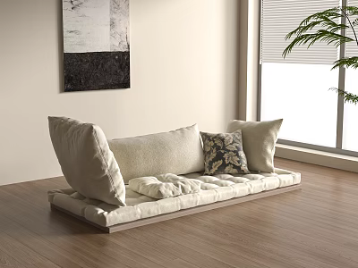 Minimalist Living Room Interior With Low Profile Sofa Throw Pillows Wooden Floor And Wall Art 3d model