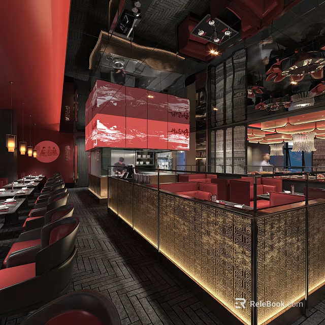 Elegant Chinese Restaurant Interior With Red Seats Dining Tables And Carved Partitions 3d model 