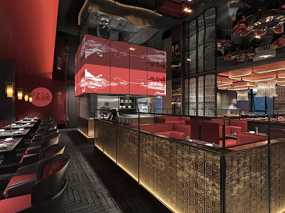 Elegant Chinese Restaurant Interior With Red Seats Dining Tables And Carved Partitions 3d model