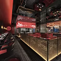 Elegant Chinese Restaurant Interior With Red Seats Dining Tables And Carved Partitions