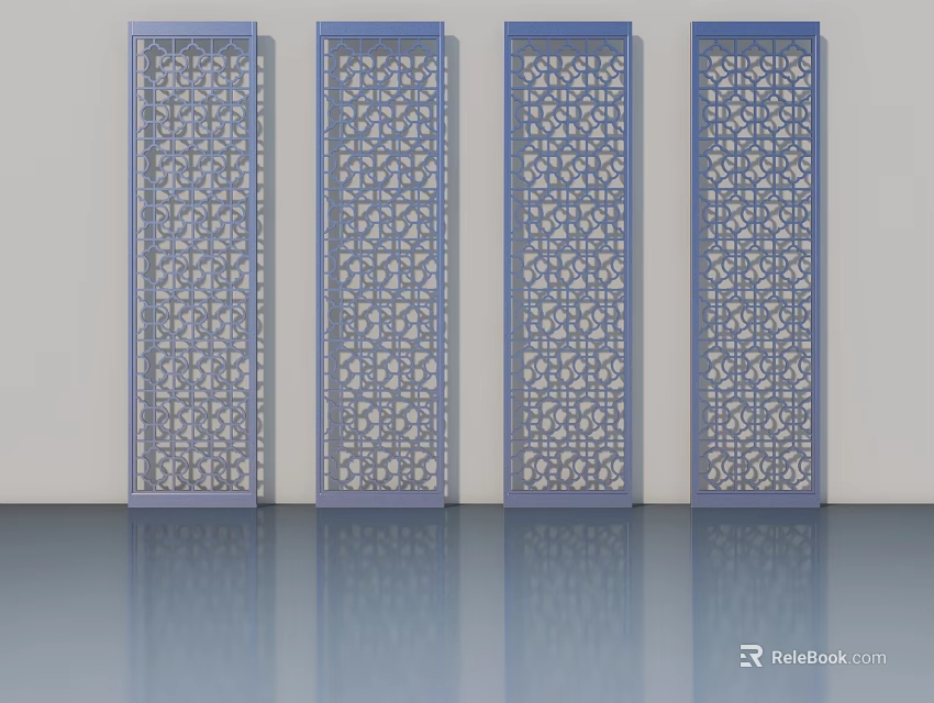 Four Panel Decorative Swing Doors with Intricate Carved Patterns and Blue Frames 3d model
