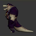 3D Shark Humanoid Character Model With Purple Outfit Red Scarf Shoulder Armor And Muscular Build