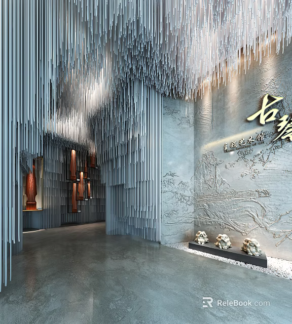 Chinese Exhibition Hall With Hanging Decor Wall Carvings Guqin And Intangible Heritage Elements 3d model 