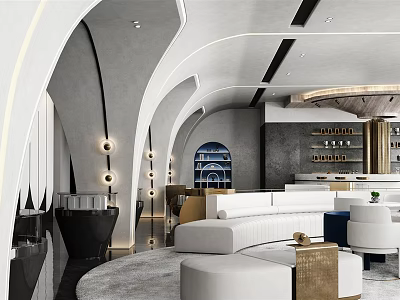 Elegant Modern Sales Office Interior With Curved Design White Sofa Marble Elements And Lighting Decor 3d model