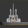 Ancient Castle Detailed Architectural Design With Tall Spire Towers And Red Courtyard Layout