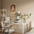 Cozy Home Workspace Desk And Chair Set With Bookshelf And Laptop Decorative Items