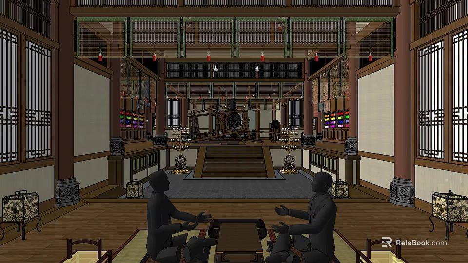 Traditional Cultural Center Interior Featuring Wooden Beams Statues And Hanging Ornaments 3d model 