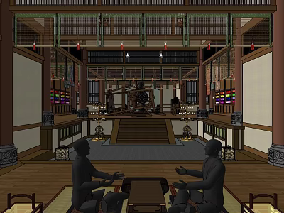 Traditional Cultural Center Interior Featuring Wooden Beams Statues And Hanging Ornaments 3d model