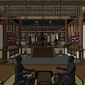 Traditional Cultural Center Interior Featuring Wooden Beams Statues And Hanging Ornaments