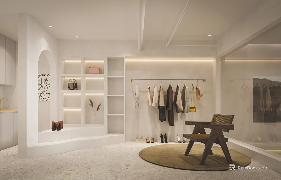 Modern Clothing Store Interior Featuring Clothes Shoes Display Shelves And Chair 3d model 