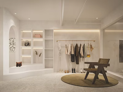 Modern Clothing Store Interior Featuring Clothes Shoes Display Shelves And Chair 3d model