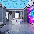 Modern Public Office Space With Galaxy Backdrop Ceiling Spotlights Reflectors Ring Light Tripods White Desk